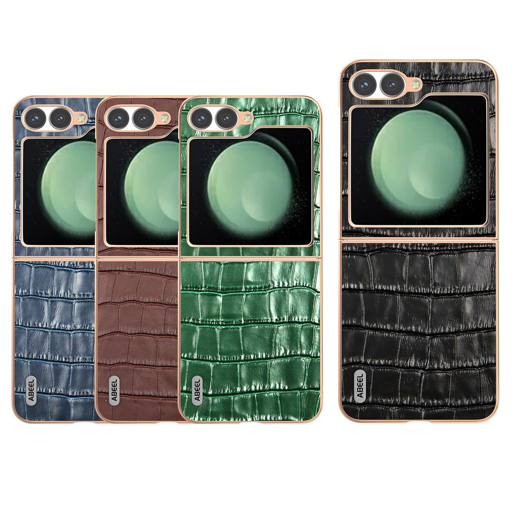 ABEEL For Samsung Galaxy Z Flip7 FE 5G/Z Flip6 5G Case Electroplating Phone Cover Crocodile Texture Genuine Cow Leather+TPU Protective Case