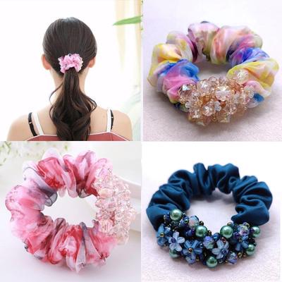 New Solid Color Fabric Craft Crystal Large Intestine Hair Band Silk Yarn Headdress Flower Elastic Rubber Band   Hair Accessories