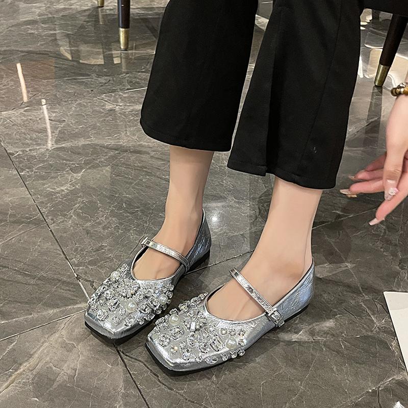 Women's Flat Shoes Spring New Square Head Shallow Mouth Glitter One Word Buckle Soft Sole Anti-slip Wear-resistant Single Shoes