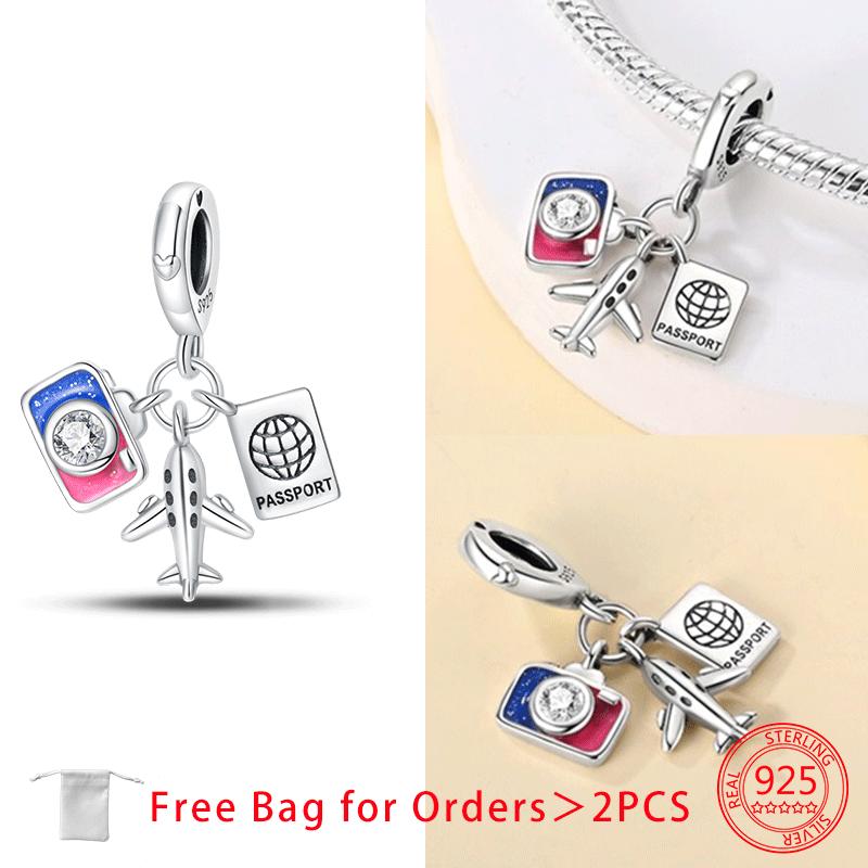 Original Copper Charms Earth Plane Ticket Suitcase Camera Beads Pendant Fit Bracelet Diy Fine Women Jewelry Gift