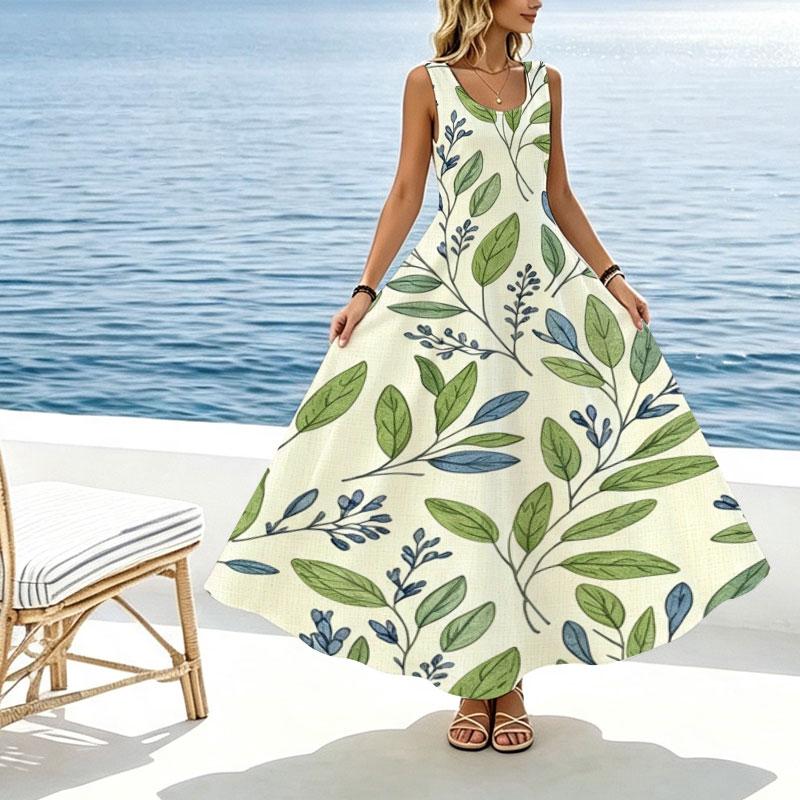 Summer Sleeveless Maxi Dress,Fresh Botanical Print,Lightweight,Breathable Comfortable Perfect for Beach,Daily Wear Travel Photos