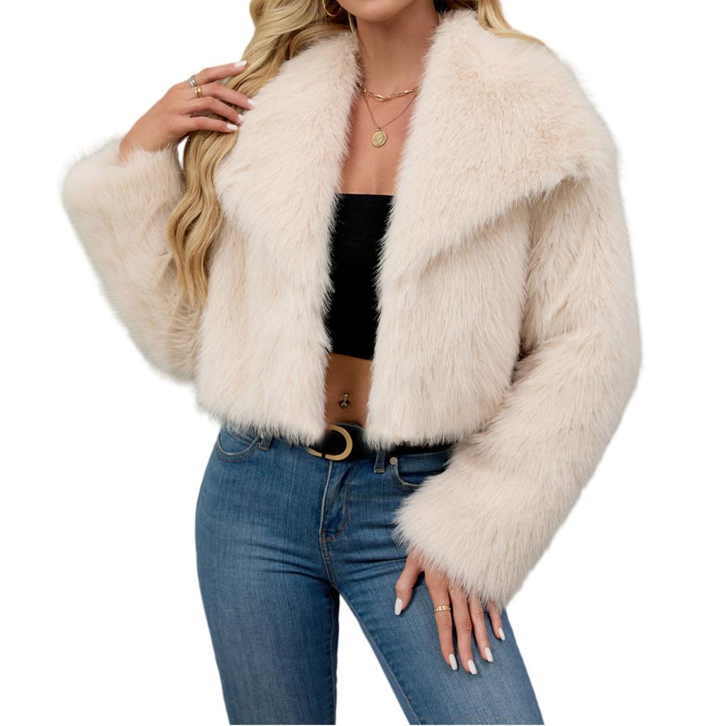 Modna damska pluszowa krótka kurtka z kołnierzem typu fauxsuit