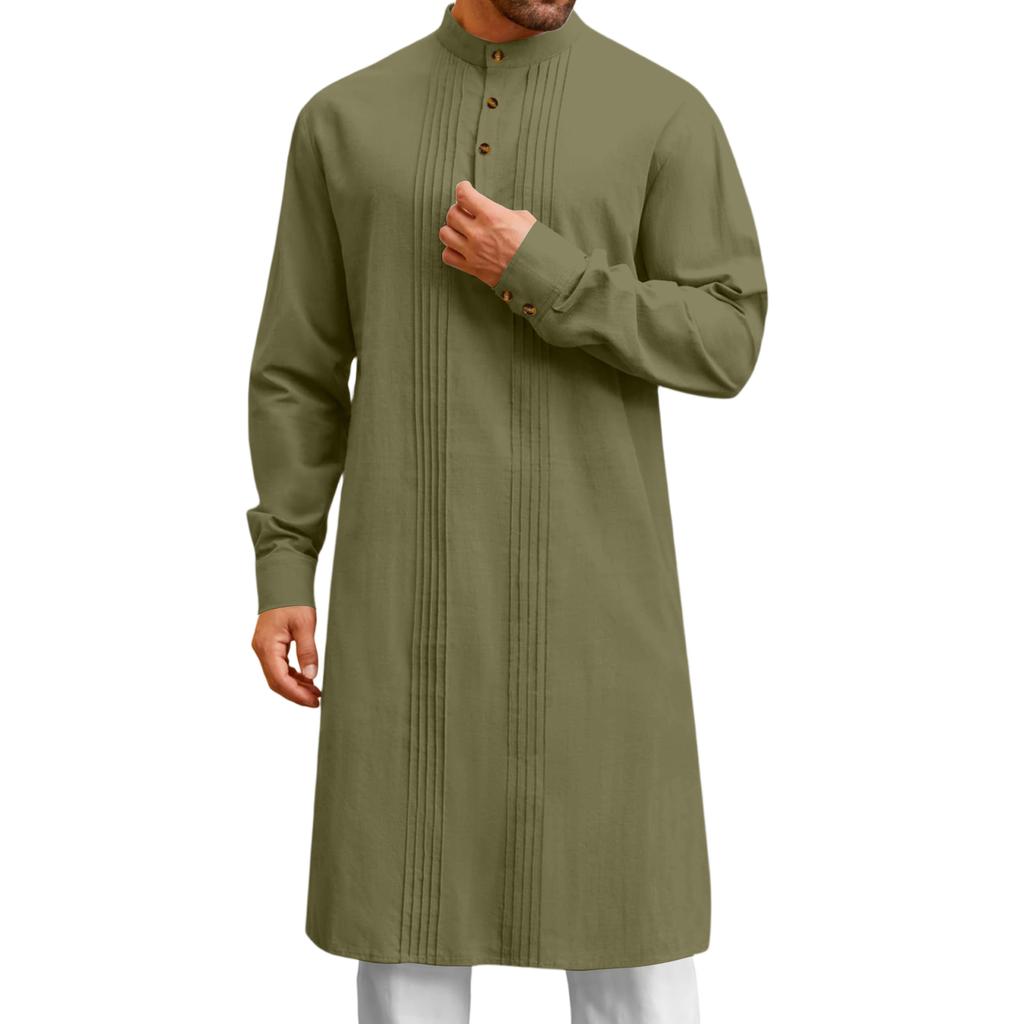 Mens Kaftan Thobe Button Down Casual Shirts Long Sleeve Robe Cotton Linen Muslim Gown Shirt