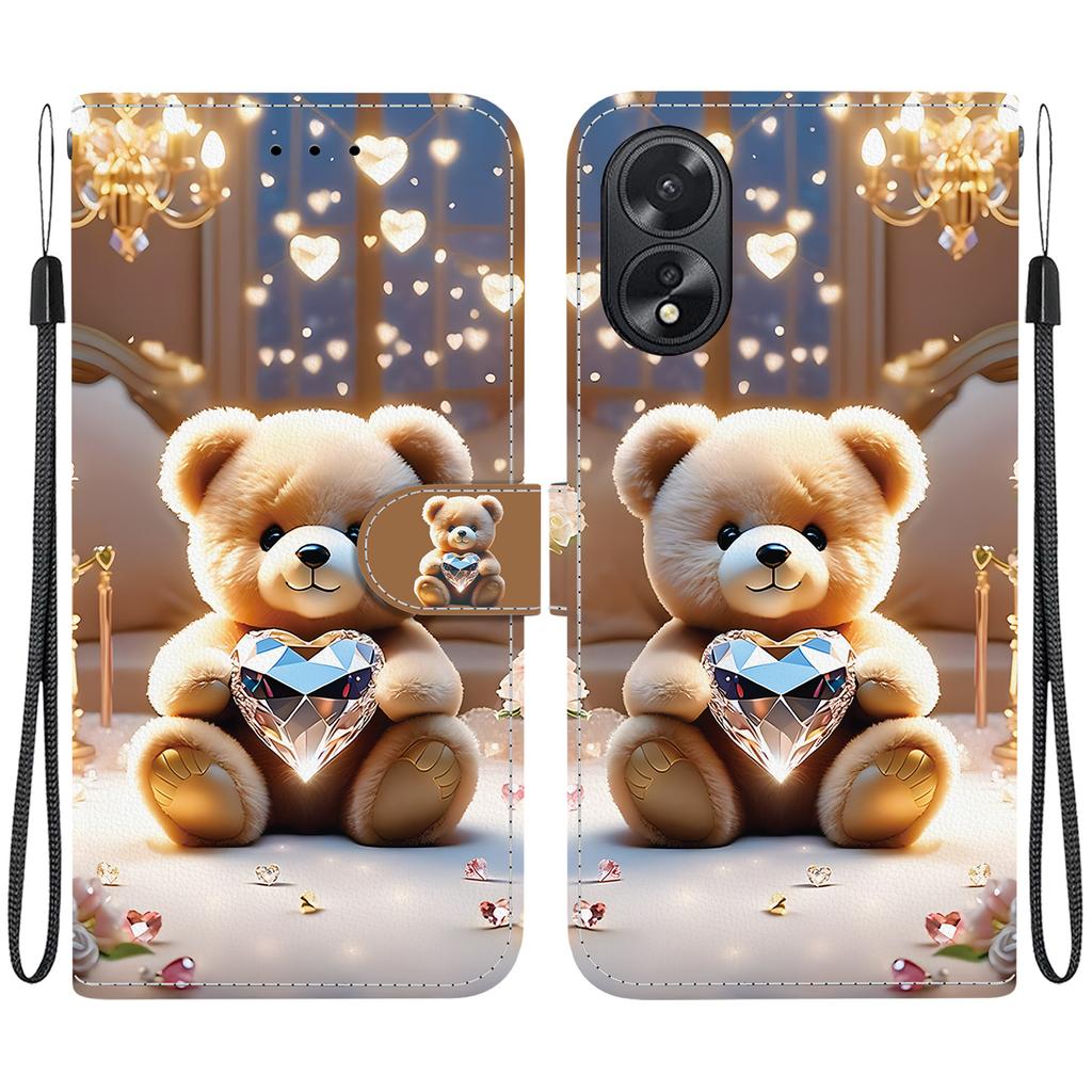 Handmade PU Leather Flip Case for Oppo A38/Oppo A18 Anti-Slip Shockproof Cover with Wrist Strap & Heart/Rose Cat Designs
