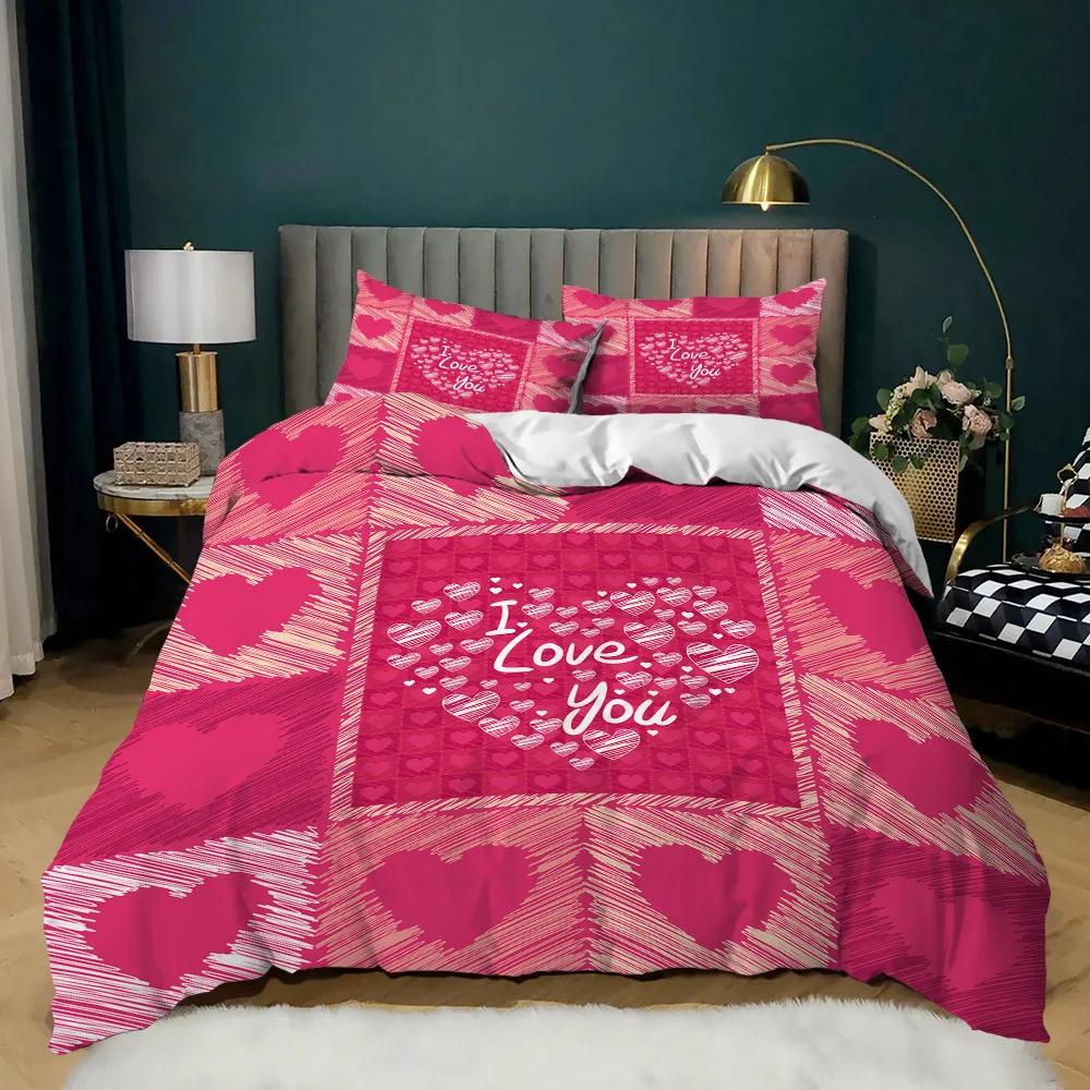 Room Decor Home Bedding Sets 2/3pcs Red Heart Printing Queen Size Pillowcase Duvet Cover Set Polyester Bedclothes