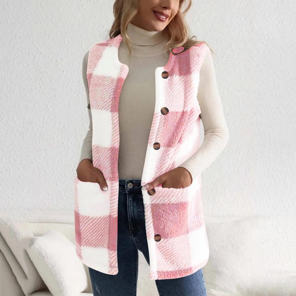 Fashionable Women's Plaid Print Double-Sided Plush Button Pocket Cardigan Casual Female Vest