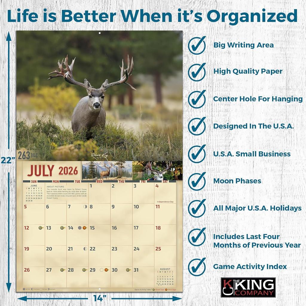 2026 Monster Mule Deer Wall Calendar 16-Month X-Large Size 14x22, Big Buck Calendar by The KING Company-Monster Calendars