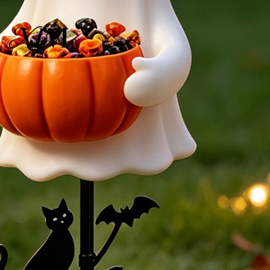 Weather Resistant Yard Art Halloween Ghost Candy Bowl Garden Stake, 2D Flat Pumpkin Holder with Cat Party Signs And Bats, Trick or Treat