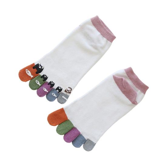 Women Cotton Toe Socks Cartoon Cat Fish Design Five Finger Socks Casual No Show Athletic Running Crew Socks