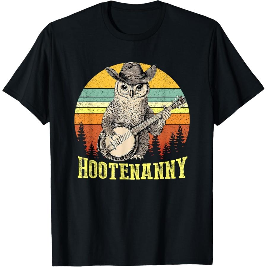 Hootenanny Owl Playing Banjo Country Owl Funny Guitar Music T-Shirt S