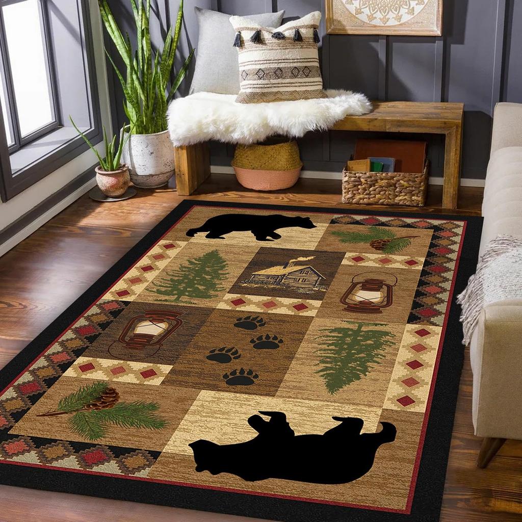 Vintage Wildlife Themed Rug, Bear & Pine Cabin Non-Slip Floor Mat for Bedroom Living Room Lodge Farmhouse Decor Carpet