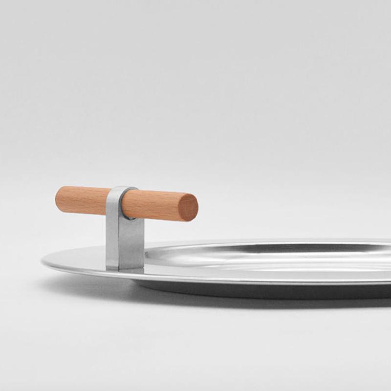 1PC Electroplating Color Decoration Stainless Steel Scandinavian Storage Round Tray Ins Wind Round Tray Wooden Handle