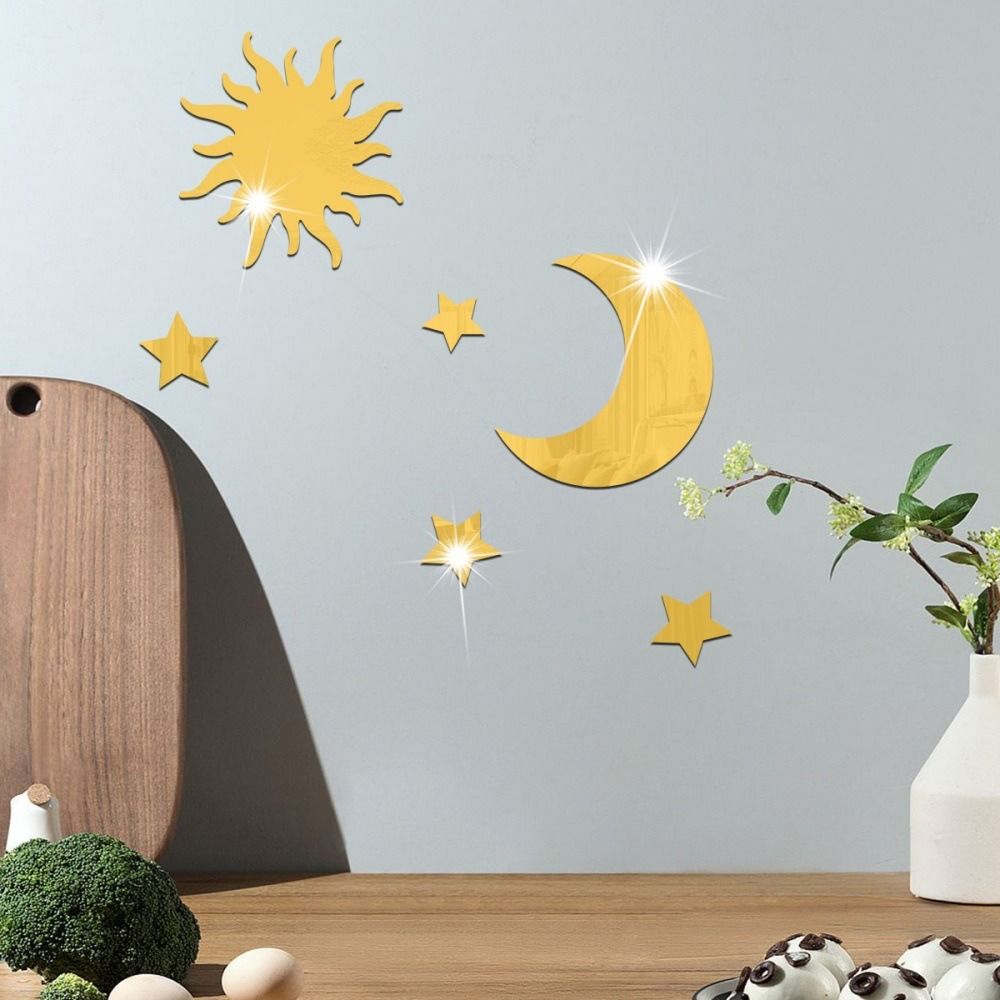 6PCS Creative Gold Silver Gold Mirror Wall Stickers Acrylic DIY Star Moon Decals Stereo Removed Ceiling Sticker Home Decoration