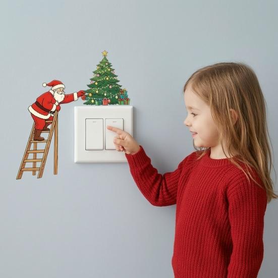 Christmas Party Atmosphere Decor Light Switch Sticker, Santa Claus Climbing Ladder Cover Funny Creative Xmas Supplies Peel & Stick Removable