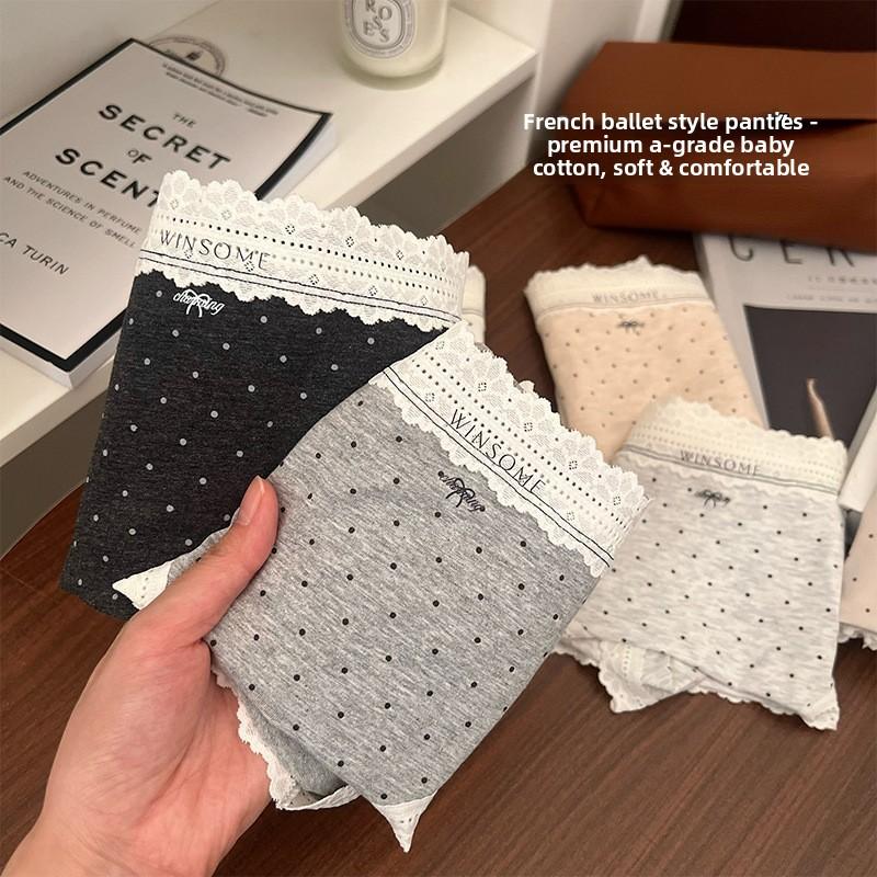 Ladies Autumn and Winter Lace Polka Dot Pure Cotton 10A Anti Bacterial Breathable High Waist Triangle Briefs