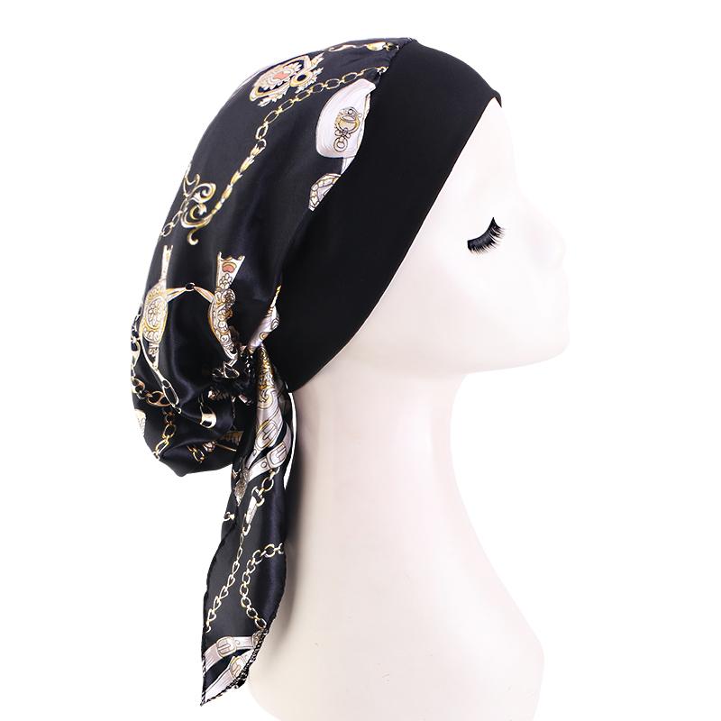 Women Satin Printed Turban Hat Stretch Wide-brimmed Nightcap Fashion Pre-tie Turban Wrap Head Cap Casual Durag Pirate Hat