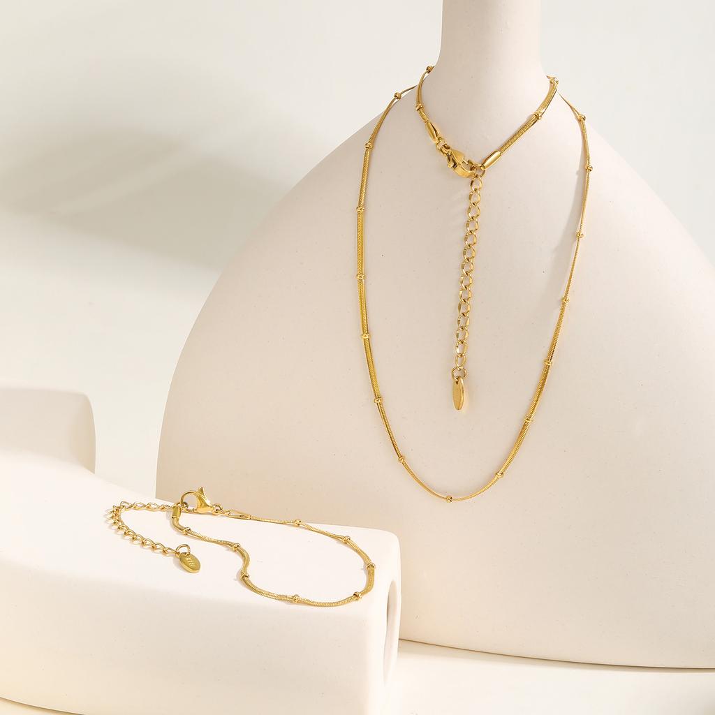 Fashion Personality, Stainless Steel Flat Snake Chain With Beads Gold Bracelet Necklace Ladies 2304