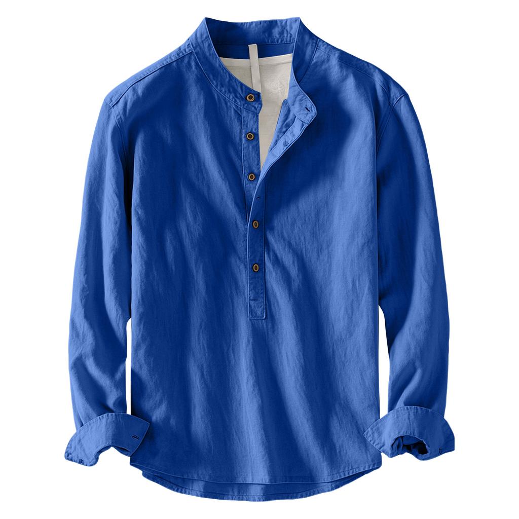 Men's Long Sleeve Slub Linen Pullover Shirt Casual Buttonless Top for Spring and Fall