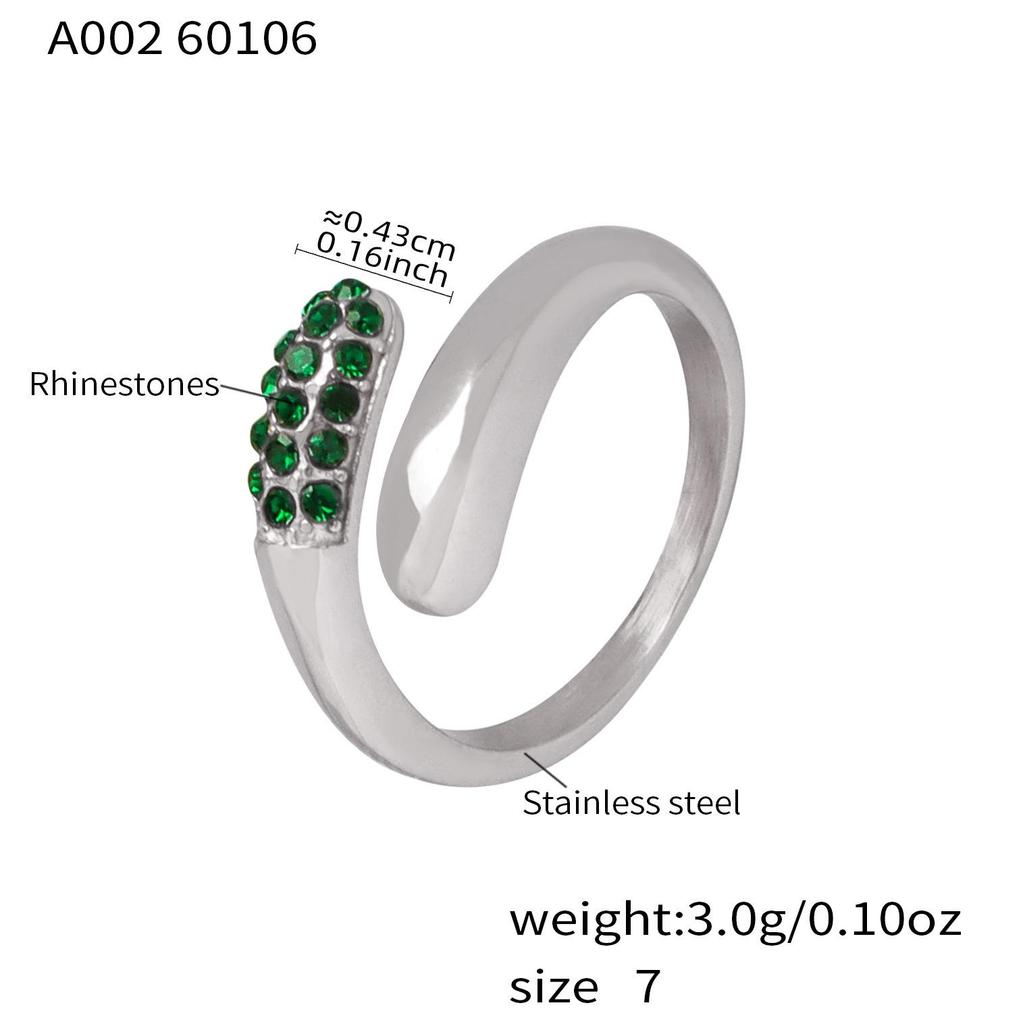 Simple Green & White Rhinestone Tri-Color Open Ring: 18K Gold-Plated Stainless Steel, European & American Style.