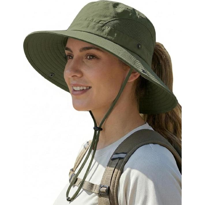 Women's Sun Hat Wide Brim Bucket Hat for Outdoor Breathable Mesh Ponytail Hole Adjustable Foldable UPF 50+ Windproof