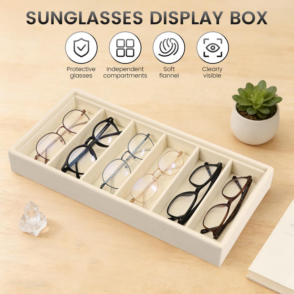 2Pcs Flannel Glasses Box 6/8 Grids Sunglass Organizer Stackable Glasses Storage Tray Drawer Glasses Display Tray Watch Holder