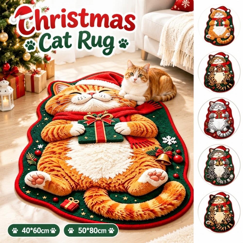 Christmas Theme Pattern Sleeping Cat Floor Mat Plush Cartoon Doormat Carpet for Living Room