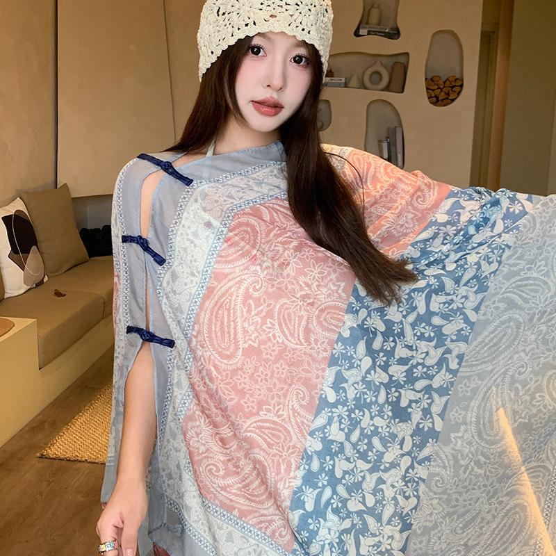 Small fresh white floral silk scarf women's summer travel buckle sunscreen large shawl beach towel thin yarn scarf scarf