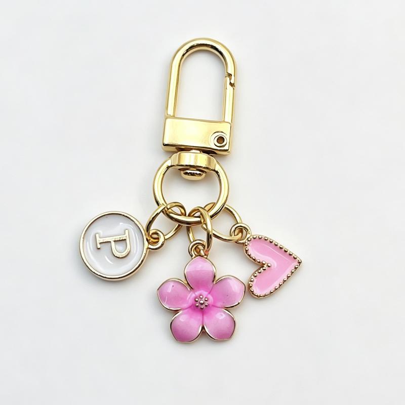 A-Z Letter Charm Enamel Keychain Pink Cherry Blossom Heart Design Key Ring for Graduation Souvenir Gift