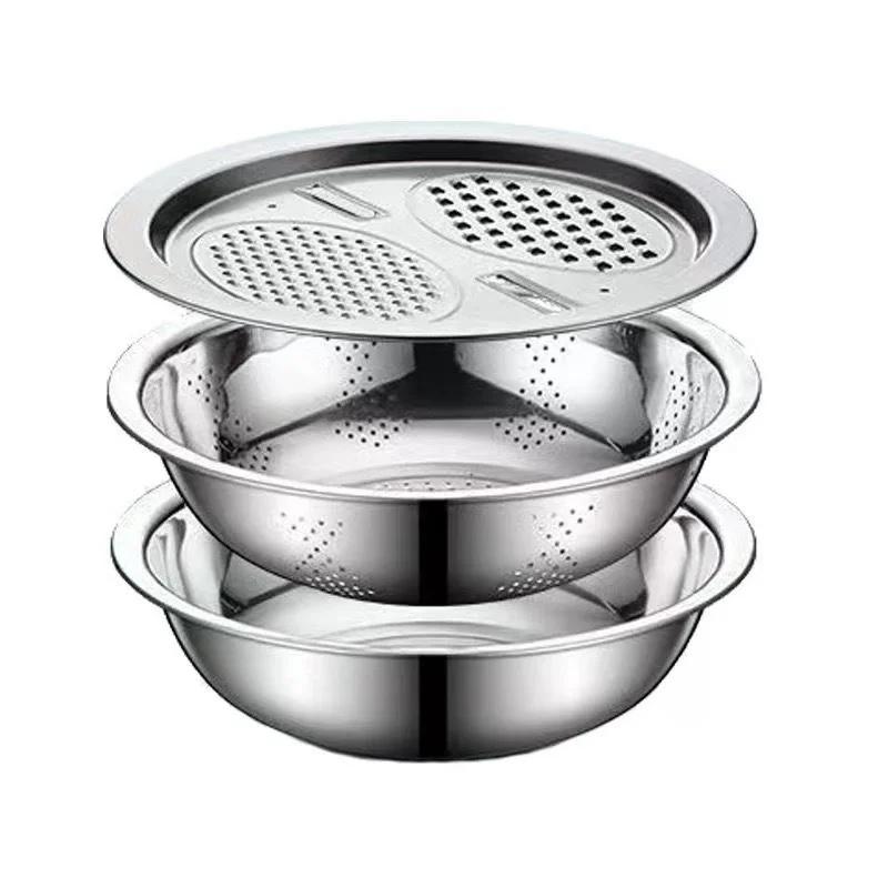 3 Piece Stainless Steel Mixing Bowl Set with Multifunctional Strainer for Fruit Veg Wash Slice