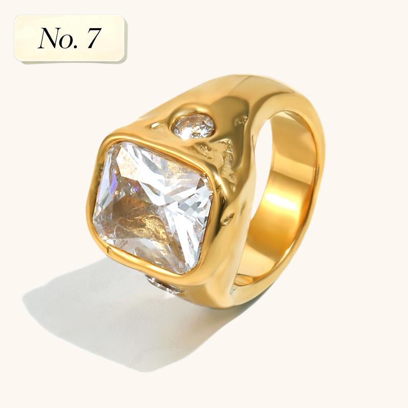 Gold Plated Deep-Patterned Square Zircon Ring Simple Statement With Irregular Design Tarnish Free Women'S Jewelry