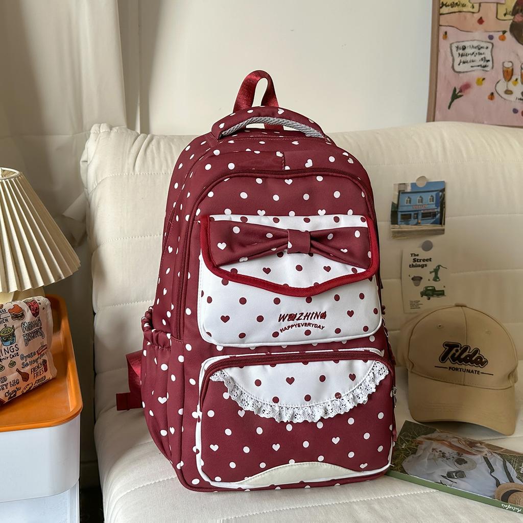 Schoolbag spring new cute schoolbag high value junior high school girls girl heart polka dot bow versatile backpack
