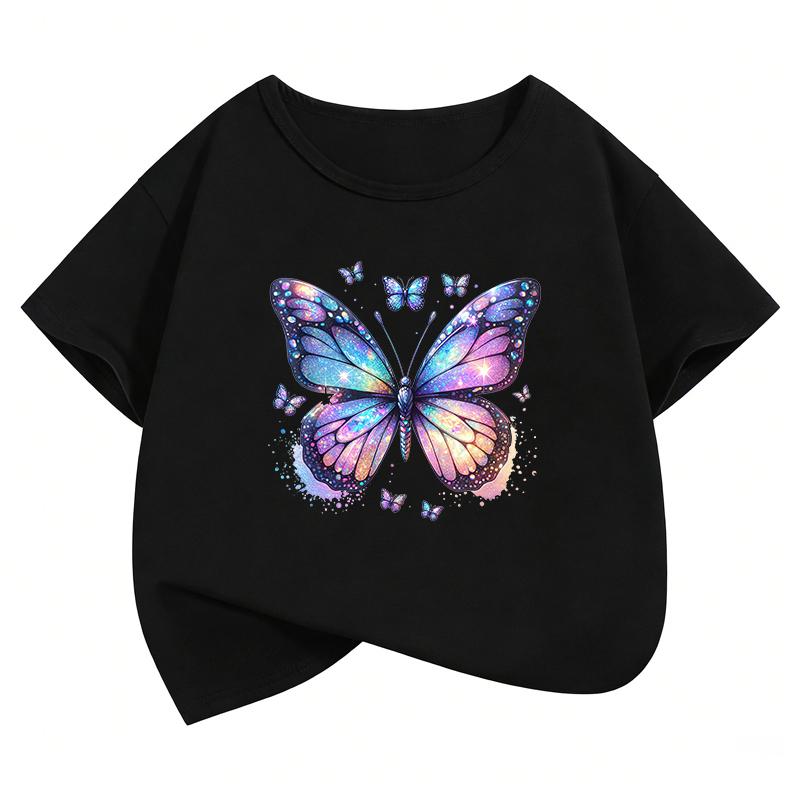Retro Butterfly Design T-Shirt Printed T Shirt Girls' Summer Clothes Short Sleeve Tops T-Shirts Cute Boys Clothing