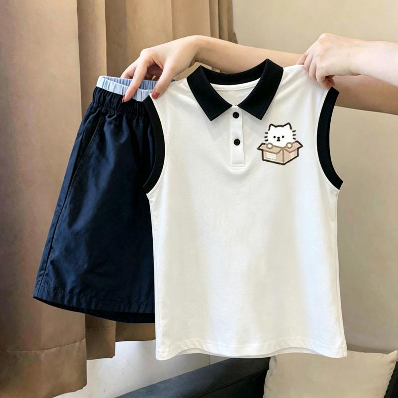 Girls' Trendy Patchwork Polo Vest Set - Sleeveless Top for Medium & Large Kids, New Summer Arrival
