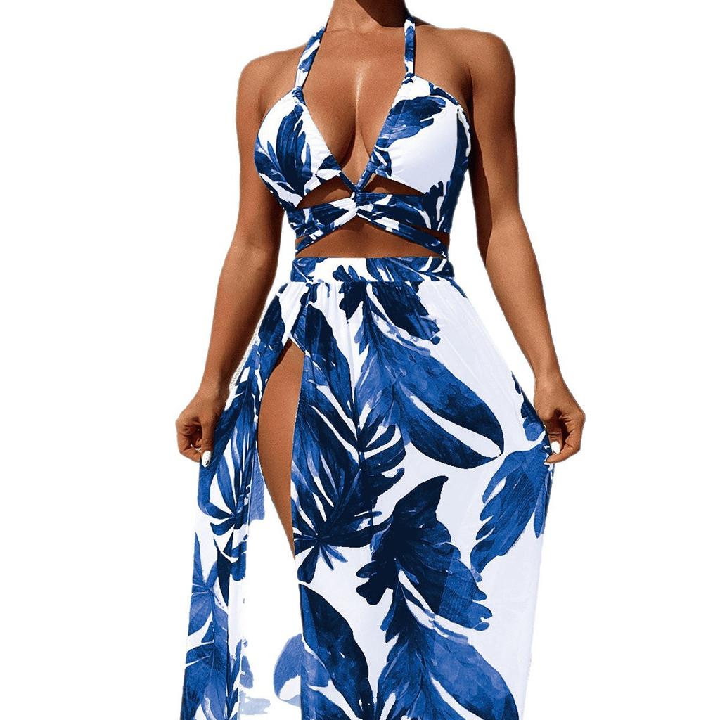 1011 New Plant Printing Hollow Neck Strap Swimsuit Mesh Long Skirt Split Three-piece Bikini Spot