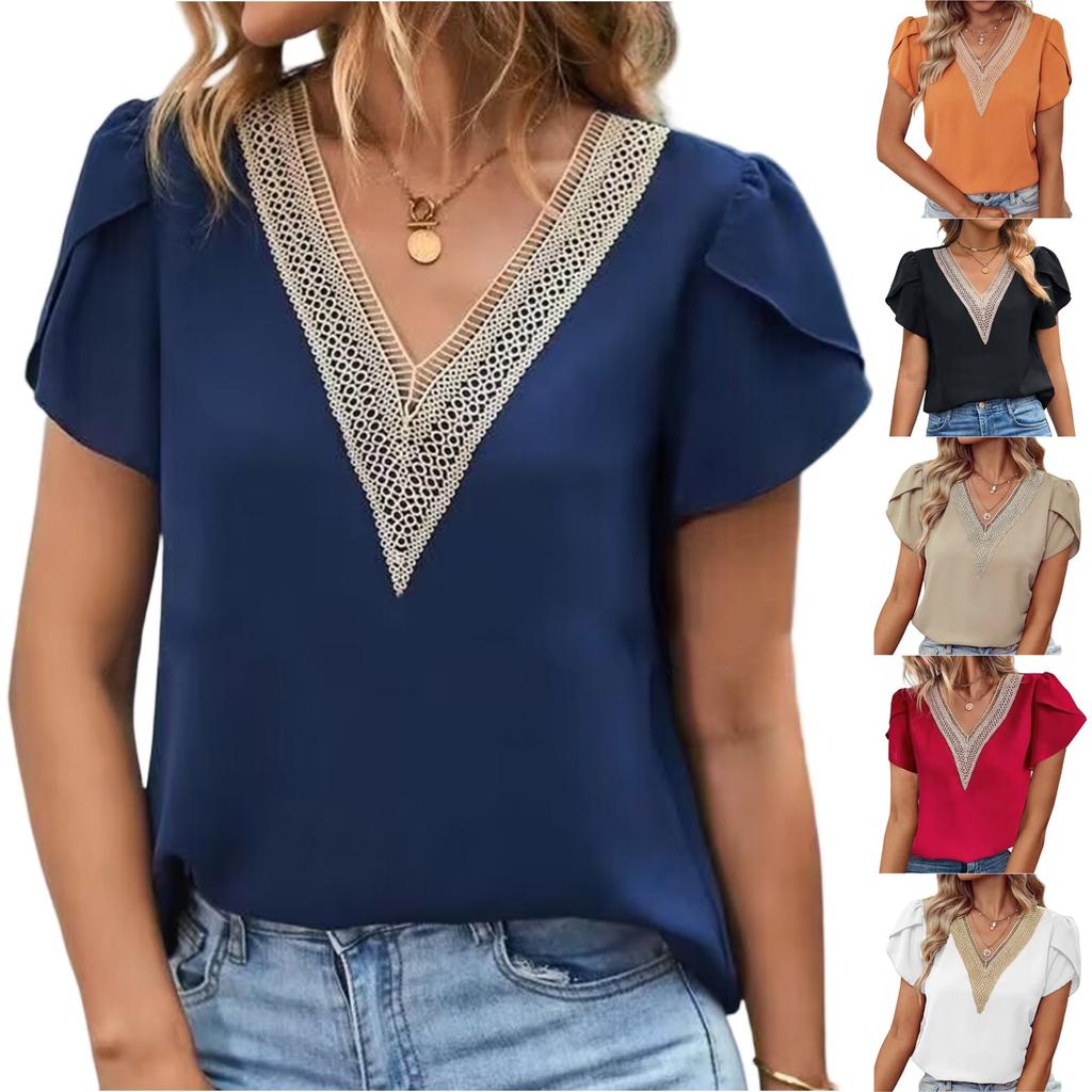 Ladies' Fashionable Casual Color V-neck Short Sleeved T-shirt Top