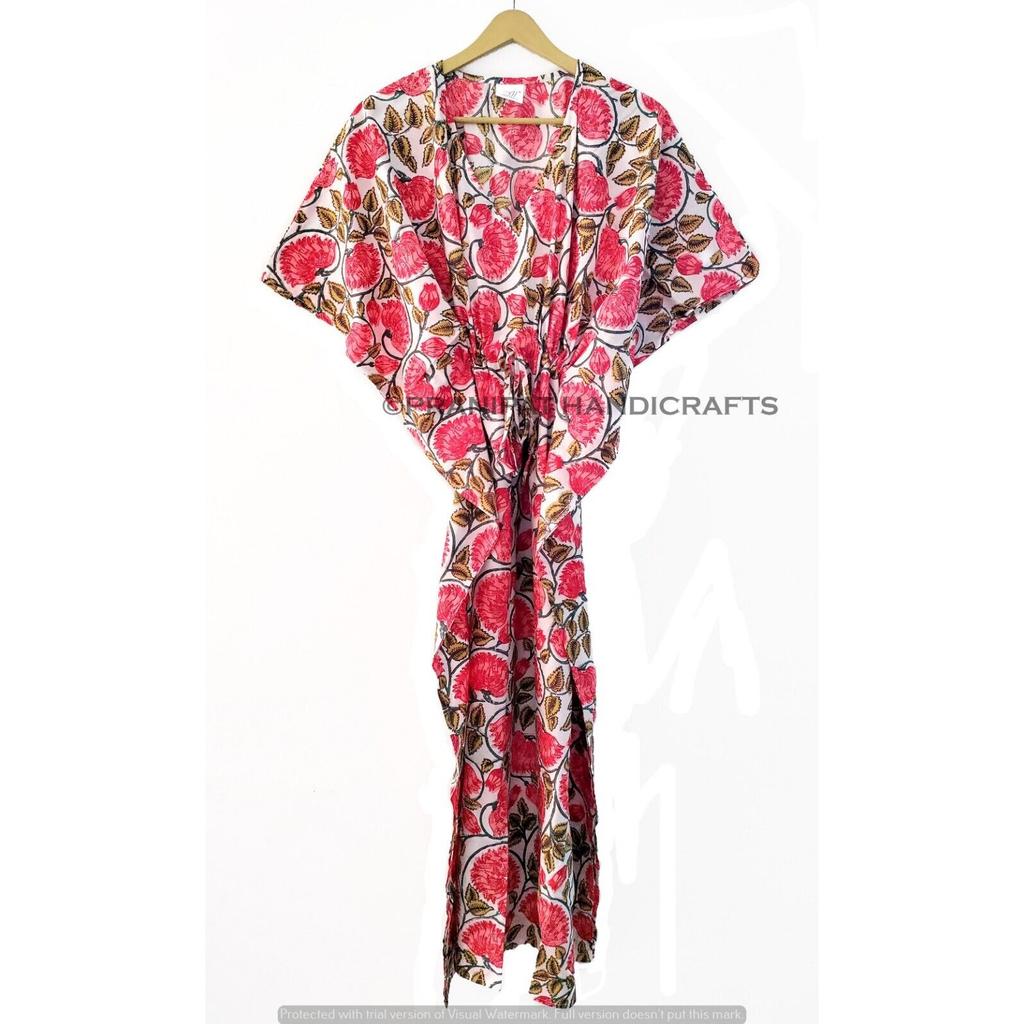Damen Hippie Sommer Baumwolle Nachtwäsche Blumenmuster Weiß Langes Maxi Kaftan Kleid CKFTN-SCRN-FULL-BUYIT-140