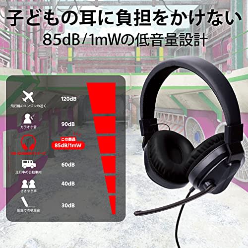 ELECOM Headset for Children, Low Volume Specification, Foldable [3.5mm Connection, 4 Pole] with Rotating Microphone Arm, Binaural, Black x Gray HS-KDG