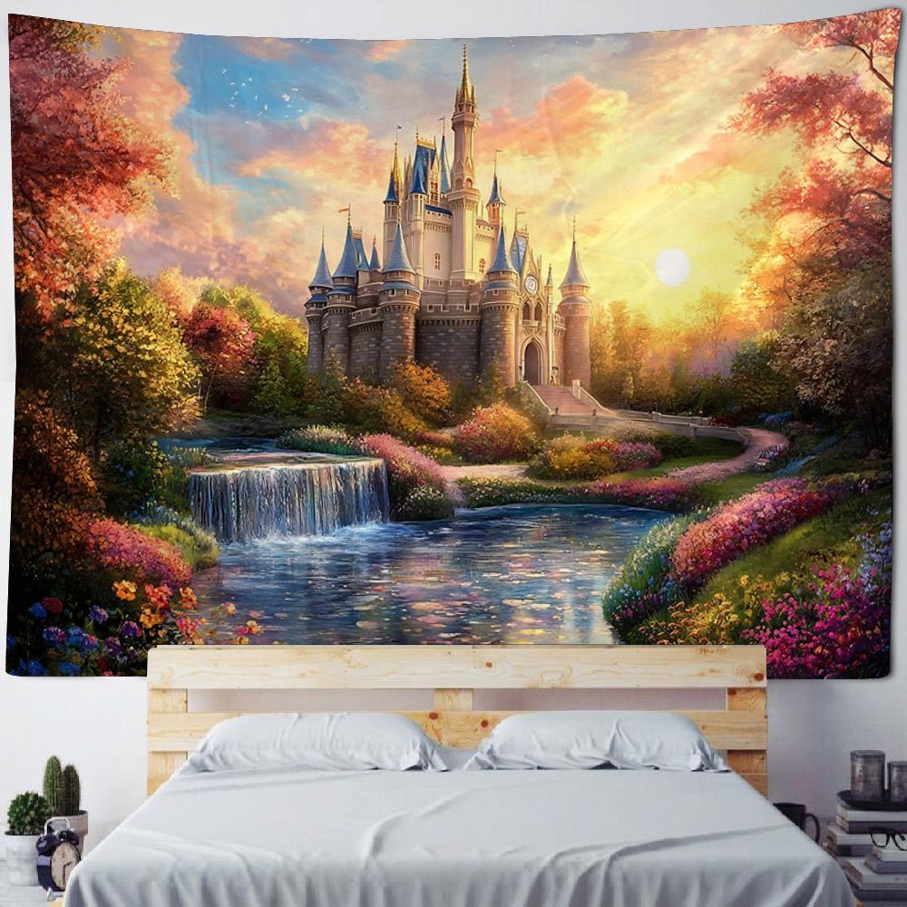 Dreamy Castle Background Wallpaper, Bedroom Tapestry, Cartoon Decoration, Hippie Aesthetic Home Wall Hanging, Yoga Mat
