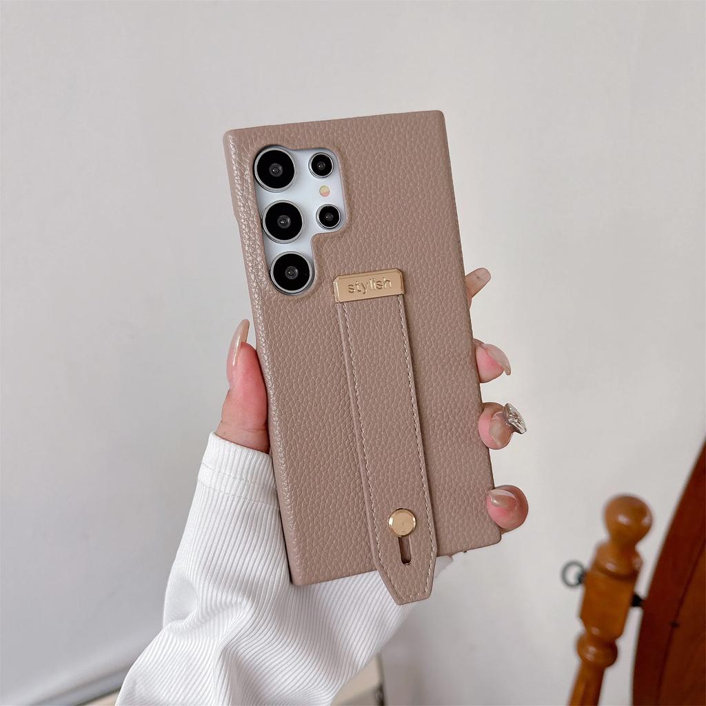 Stylish Wrist Strap Bracket Phone Case for Samsung Galaxy S25 Ultra S24 S23 S22 Plus FE Solid Color High-end PU Leather Cover