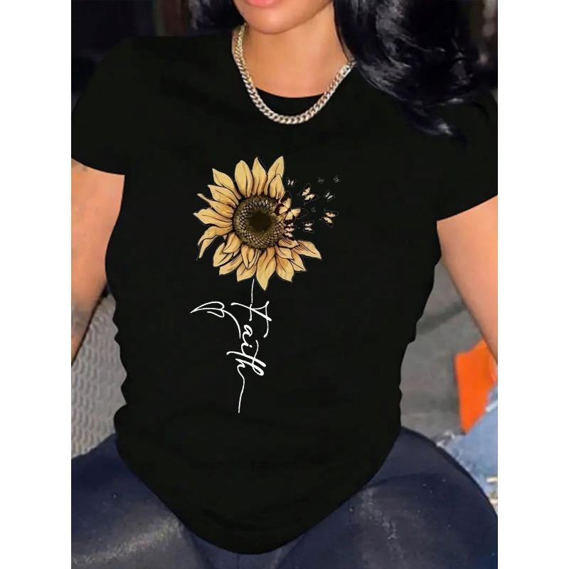 European Size Flower Womens TShirt Comfortable Crew Neck Casual Polyester Blend ShortSleeves Soft Breathable Top