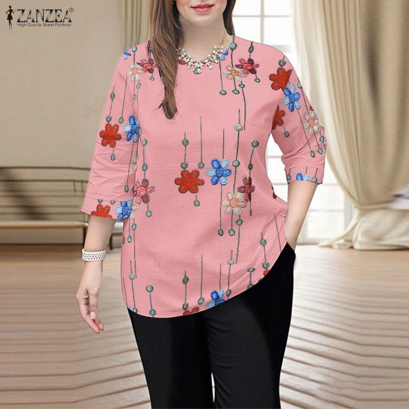 ZANZEA Women Casual Round Neck 3/4 Sleeve Loose Floral Print Blouse