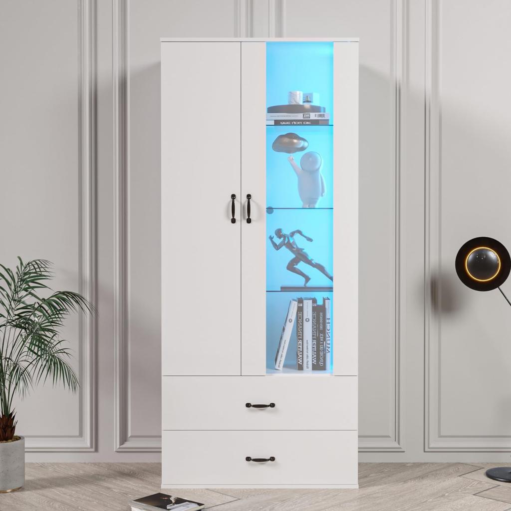 LED Glass Display Cabinet, Display Cabinet with Storage Space, Modern Bookcase Freestanding Display Cabinet, Wall Units, White, 50x40x180 Cm