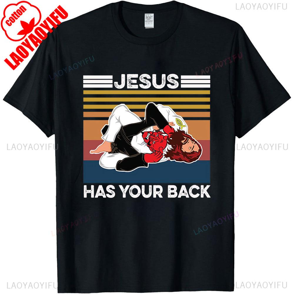 Jiu Jitsu Jesus Has Your Back Funny Christian Gift Vintage Mens TShirt Black Tops Summer Cotton Shirt Short Sleeve Streetwear