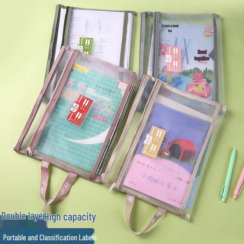 Double Layer Student Homework Bag: Large Capacity A4 Mesh Document Organizer with Dual Zippers