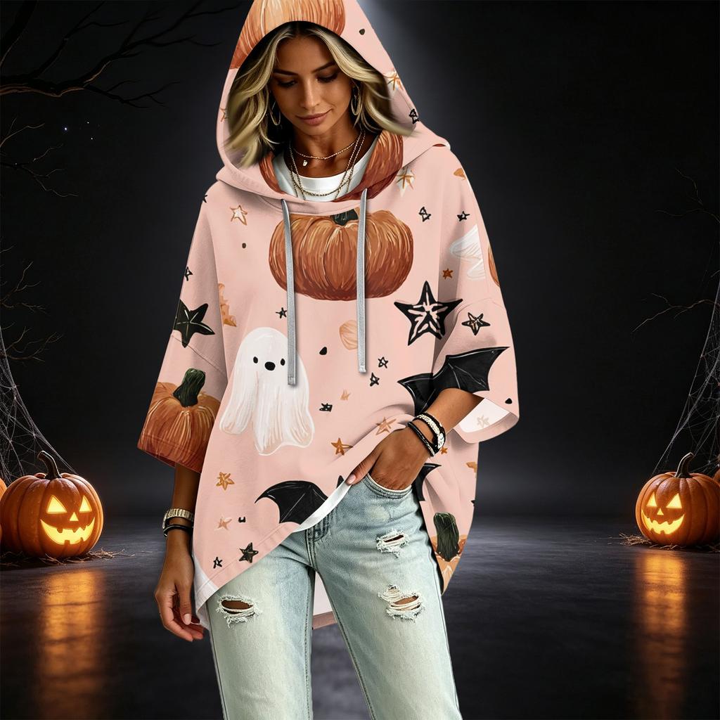 Women's Halloween Print Hooded Pullover Top with 3/4 Sleeves