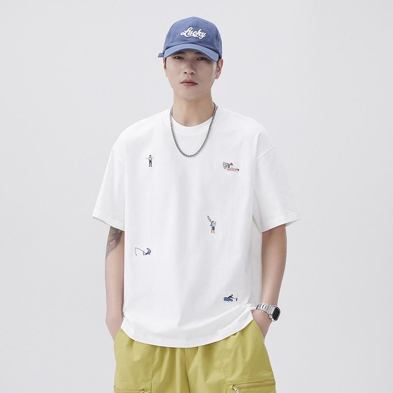 

Новая летняя японская футболка из рыхлого хлопка 260 г с забавной маленькой круглой горловиной и вышивкой 4XL