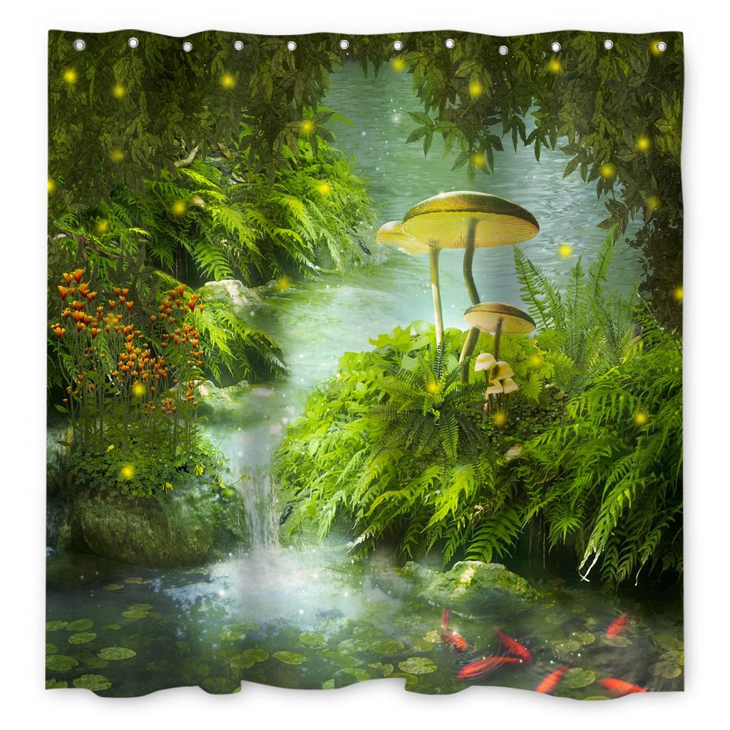 Venkovská krajina Sprchové závěsy Potok Kámen Lotos Buddha Koupelnový závěs Přírodní scenérie Vodotěsná Koupelna Domácí dekorace s háčky