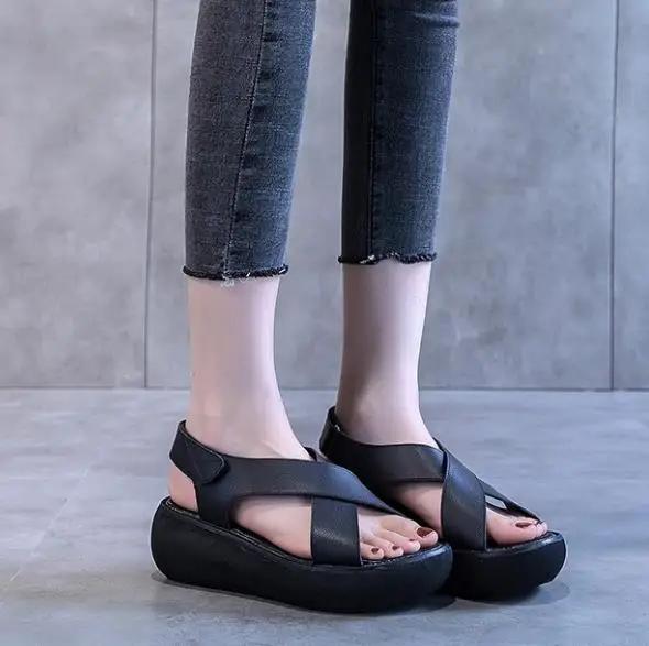 Fashion Fashion Summer Vintage Genuine Leather Flat Platform Sandals Women Hook And Loop Cross Strap Flat Outdoors Sandals size 34-40