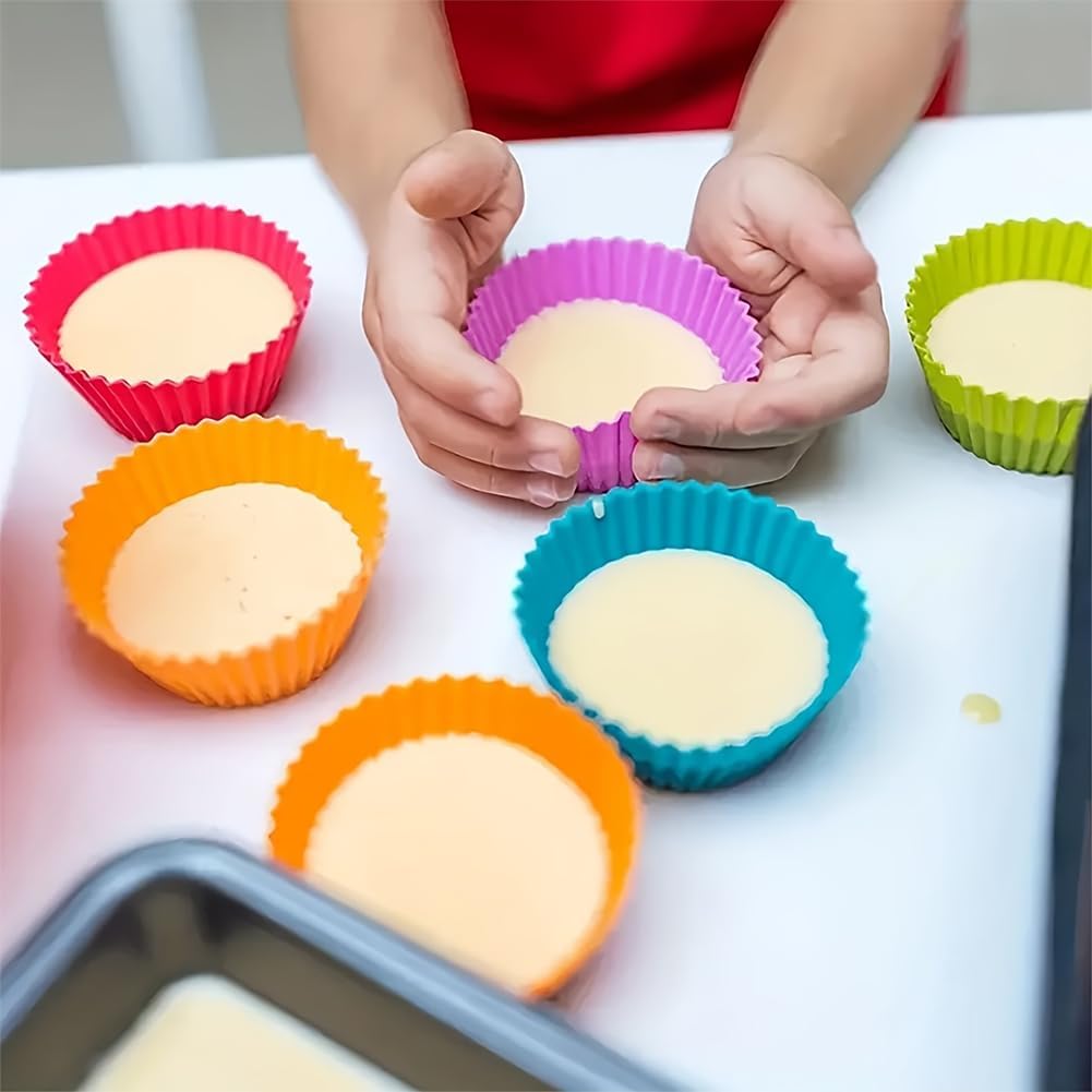 12Pcs Silicone Baking Cups, Reusable Non-Stick Cupcake Liners & Round Molds, Dishwasher Safe