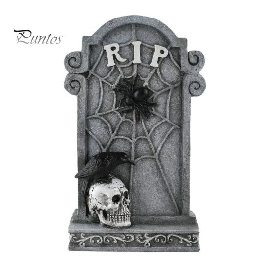 Spooky Holiday Exterior Decor Halloween Skull Tombstone, Stone Look Retro Gothic Resin Creepy Cemetery Scene Ornament Crow Gravestone for Outdoor